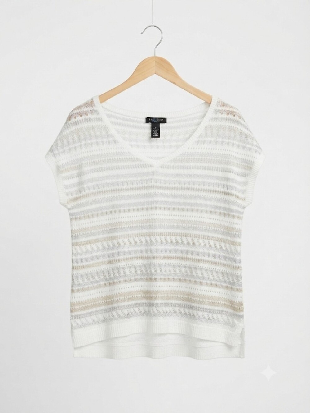 White House Black Market White Open Knit V-Neck Top Beige & Gray Stripes Size M